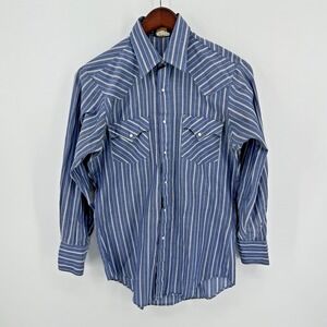 Vintage Holt Western Shirt Mens M Blue Pearl Snaps Long Sleeve Made in USA